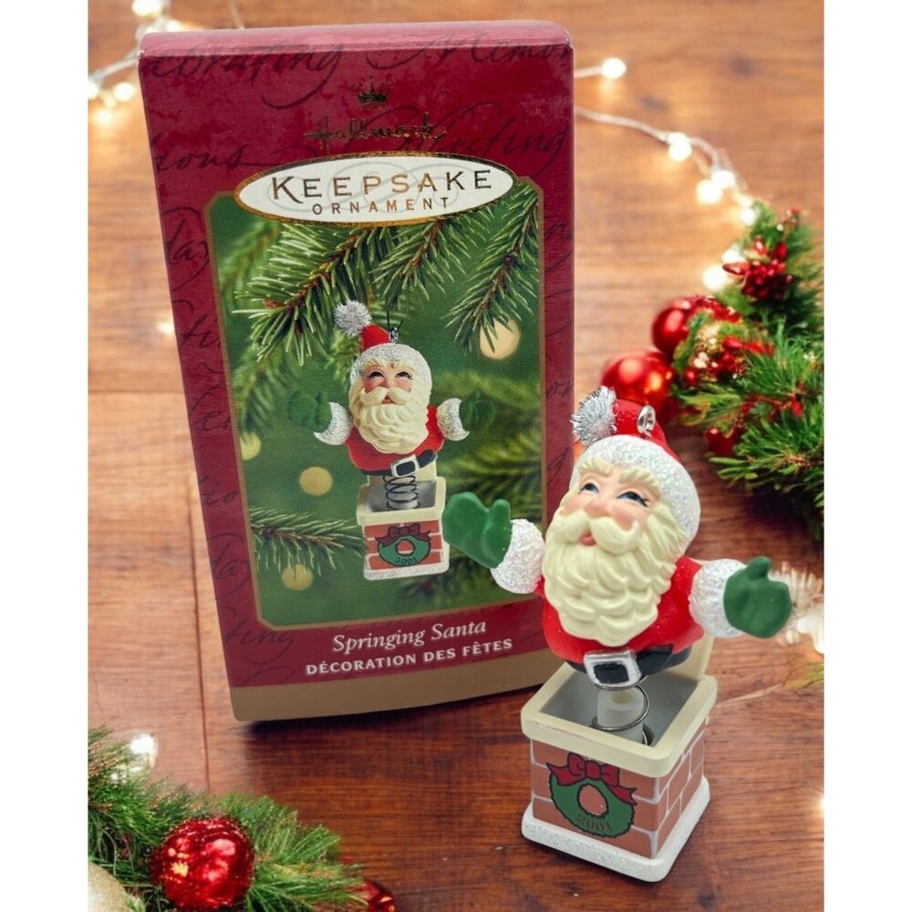 Hallmark Keepsake Springing Santa Christmas Ornament 2001Chimney Wreath